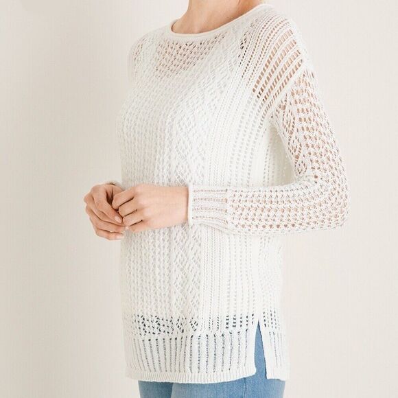 Chico’s Open Stitch Pullover White Sweater Sz SP Long Sleeve Lightweight Crochet - Picture 1 of 11